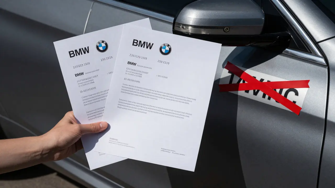 Hand holding BMW documents next to car, contrasting valid and tampered VIN plates