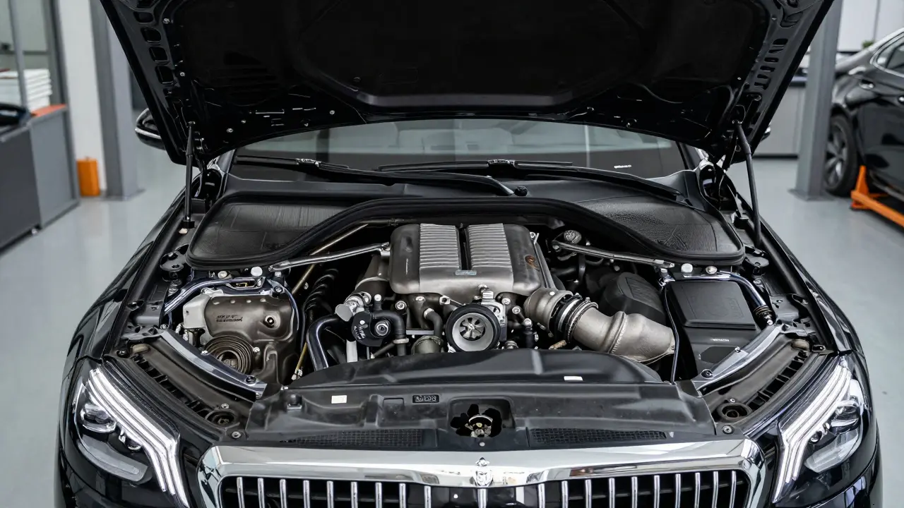 Luxusní automobil s otevřenou kapotou a viditelným turbodo-plňovačem.