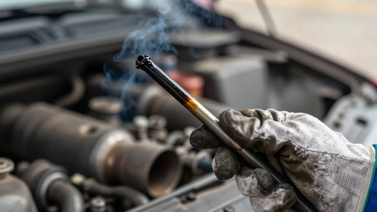 Mechanik kontroluje černý olej na měrníku v servisní dílně.