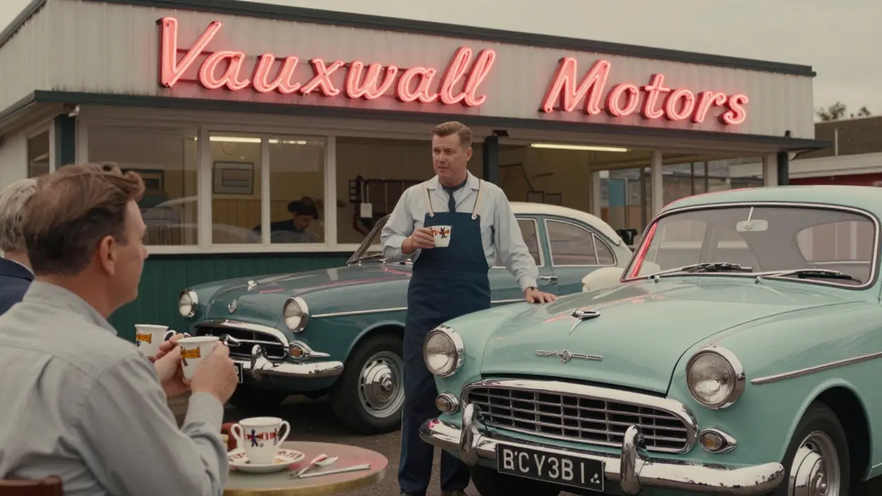 Mechanik opravuje Vauxhall Victor v britské garáži v 50. letech, zákazníci čekají s čajem, klasické auta kolem.