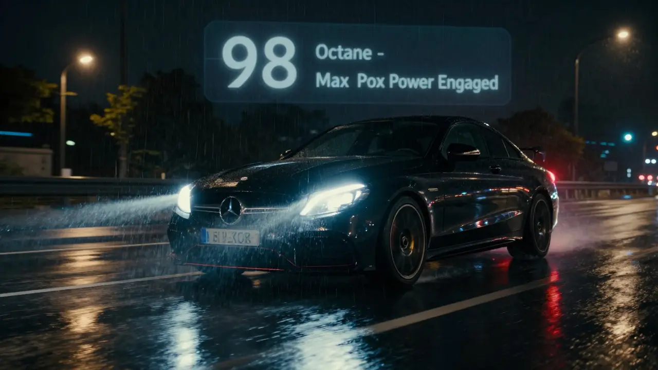 Mercedes-AMG C63 speeding on a rainy night highway with performance indicators.