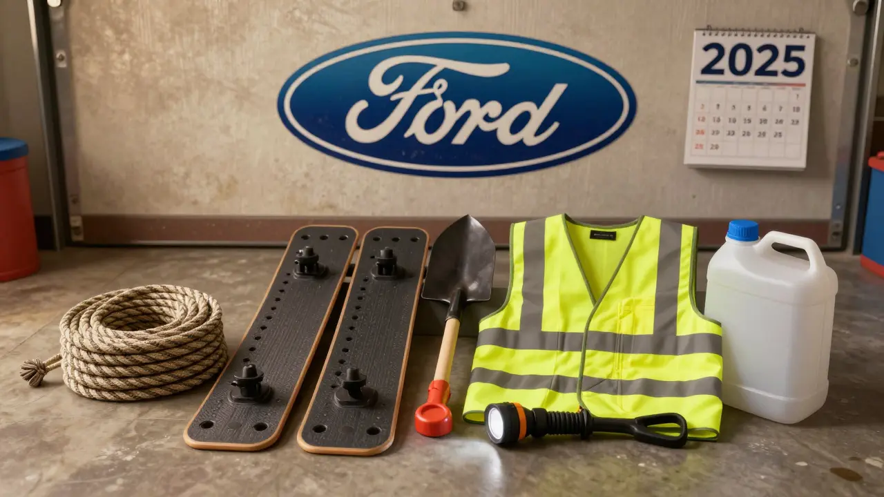 Nouzový balíček pro zaseknuté auto: vlečné lano, traverzy, žlutá vesta, lopata a flaška vody na podlaze garáže.