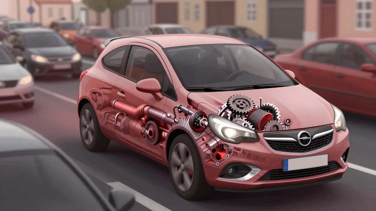 Opel Corsa E v pražské dopravní zácpě s transparentním vnitřním pohledem na znečištěnou převodovku.