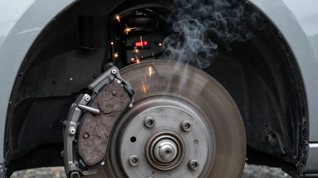 Opotřebované brzdové destičky způsobují poškození kotouče, vznikají iskry a kouř, varovná kontrolka svítí.