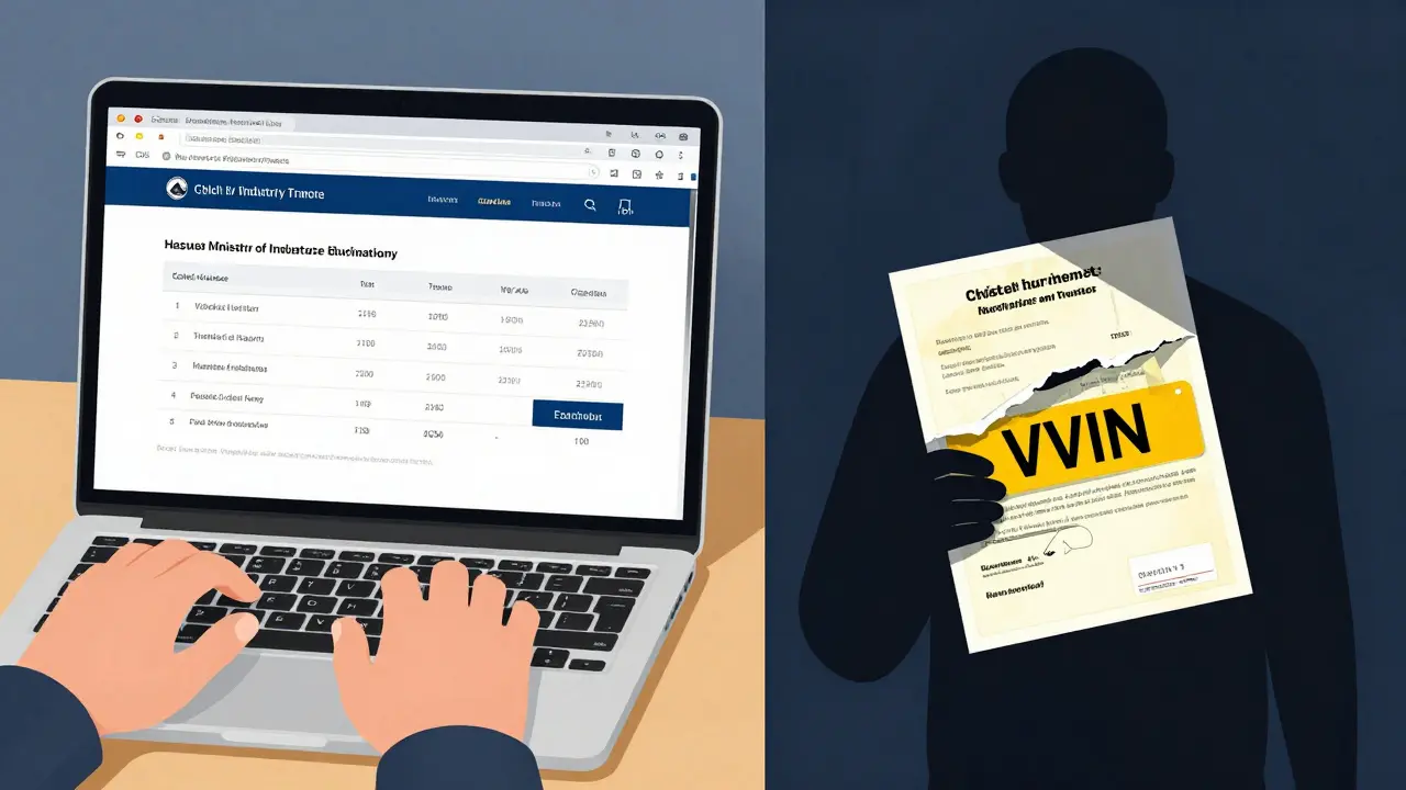 Porovnání důvěryhodné kontroly historie auta a podvádějícího prodejce s falešnými dokumenty.