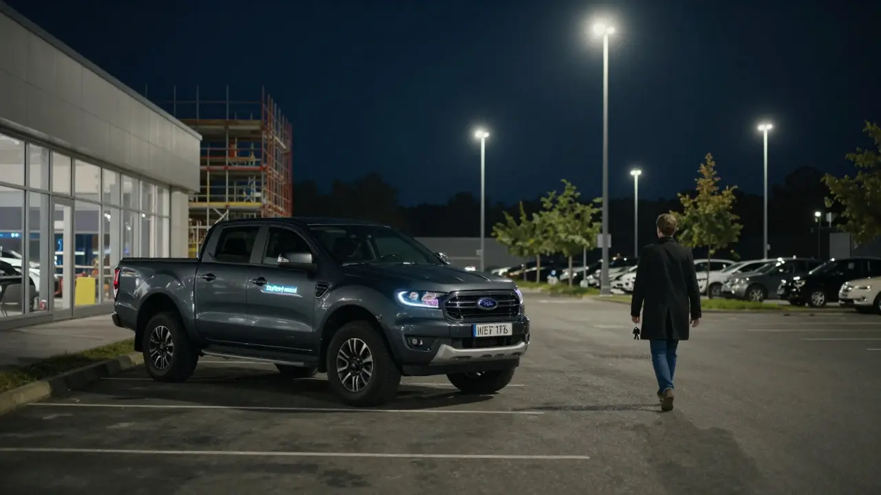 Prázdné parkoviště autosalónu v srpnu s jedním zbytkovým Ford Rangerem pod nočním osvětlením.