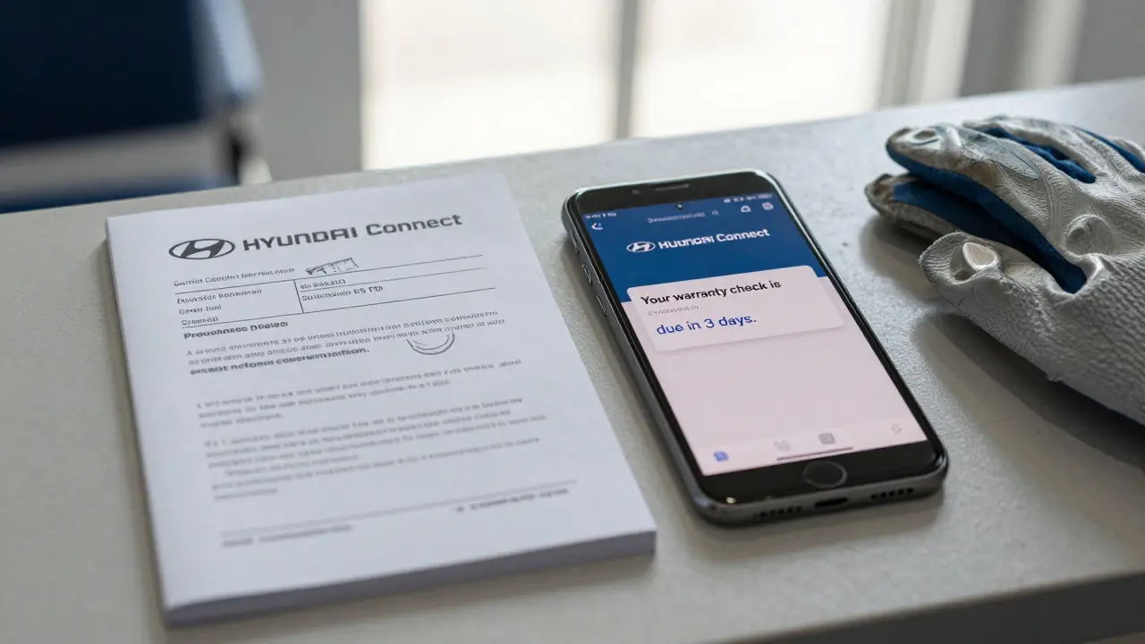 Service book and smartphone showing warranty reminder notification with mechanic's gloves nearby.