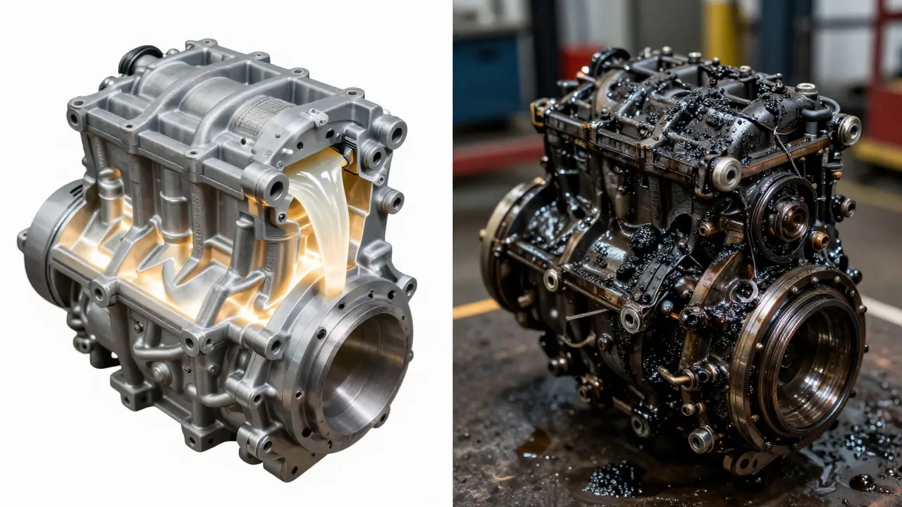 Srovnání čisté a znečištěné převodovky: jedna funguje hladce, druhá je zablokovaná špínou.