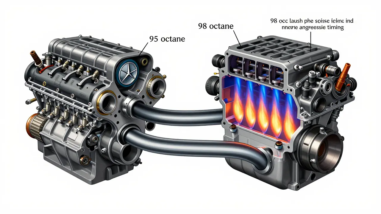 Technical cross-section of a Mercedes engine comparing 95 and 98 octane fuel combustion.