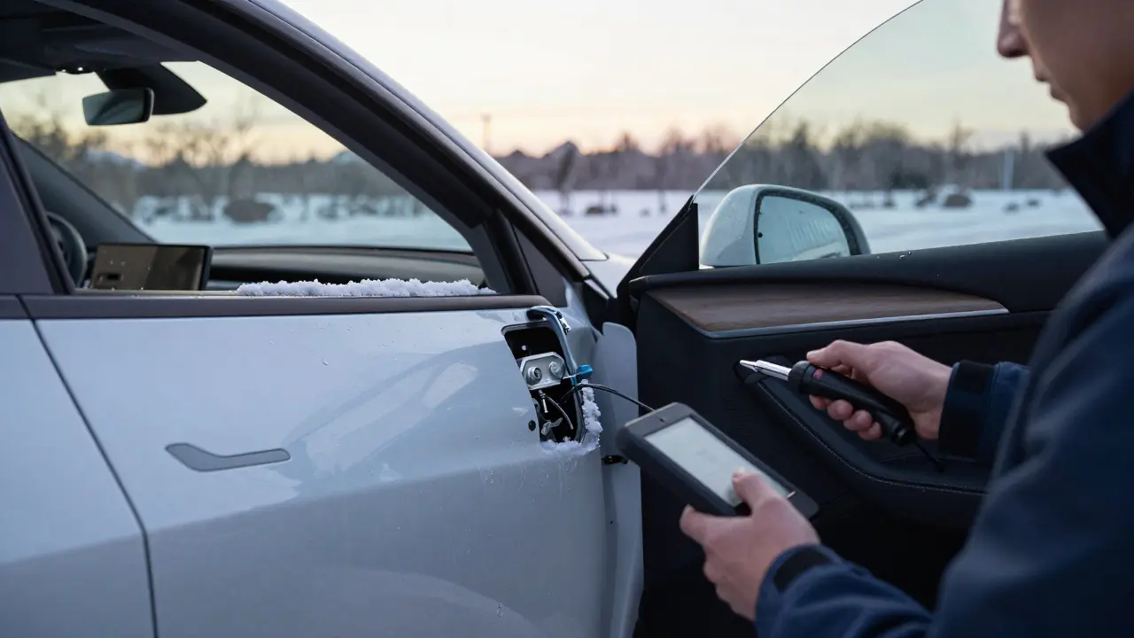 Technik kontroluje zámek zadních dveří Tesla Model Y v zimních podmínkách.