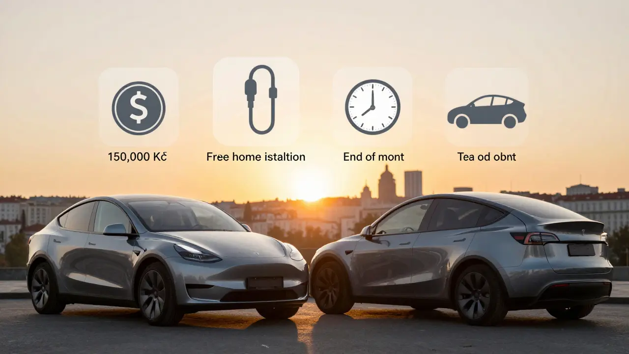 Tesla Model 3 a Model Y na západu slunce s průhlednými ikonami ukazujícími úlevy: státní podpora, zdarma nabíjení a výměna auta.