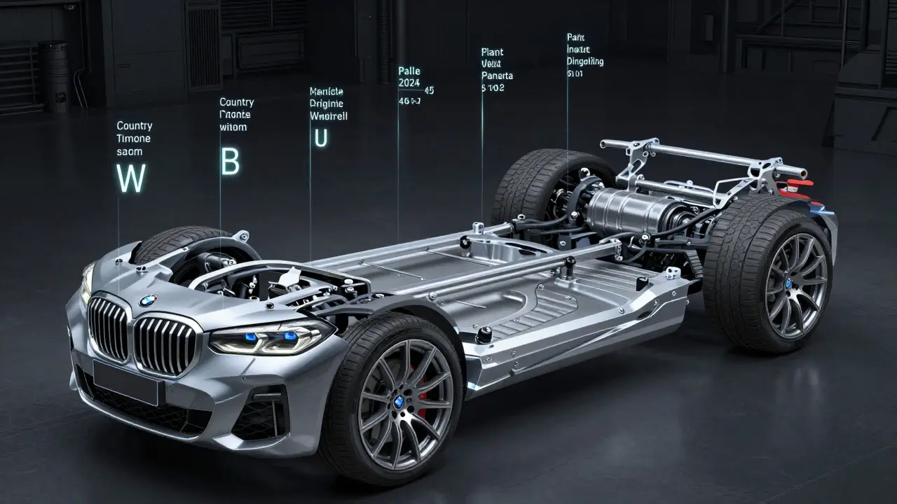 Transparent BMW chassis with VIN code components highlighted in metallic silver