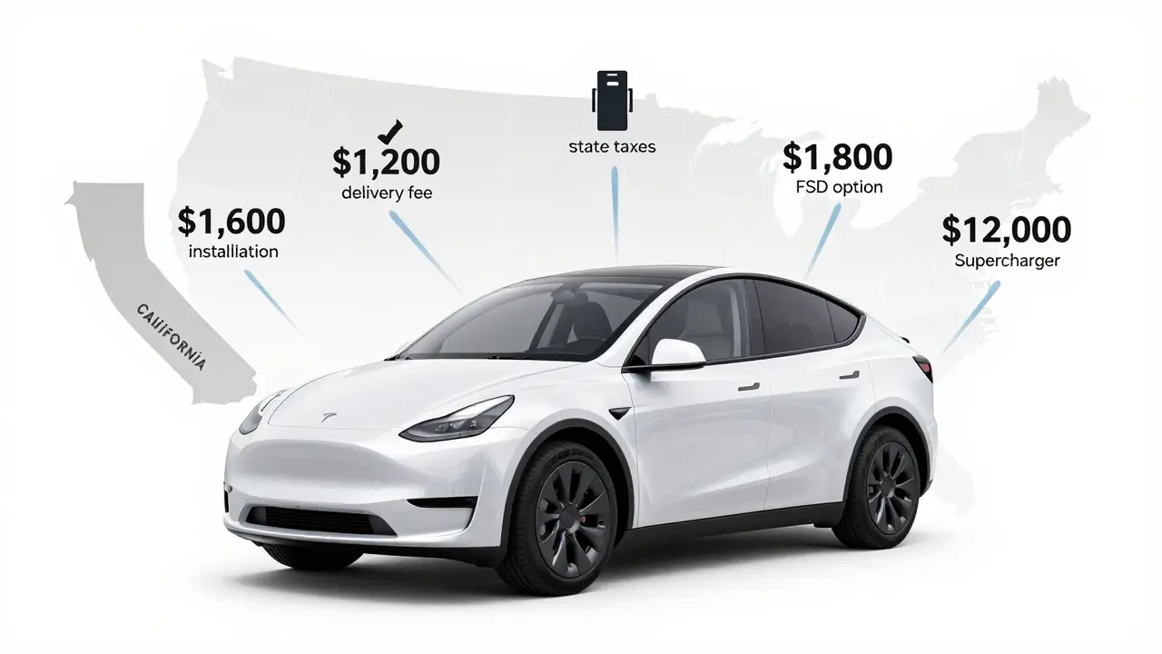 Transparent Tesla Model Y with floating labels showing hidden purchase costs.