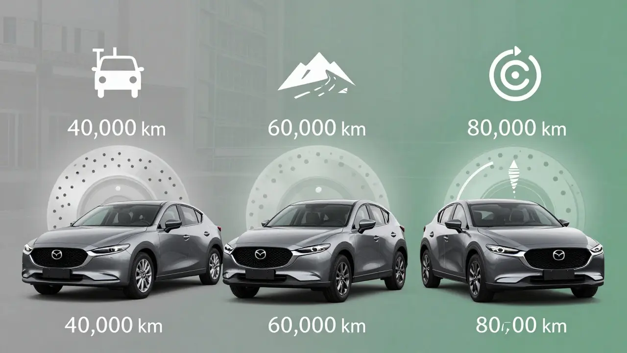 Tři modely Mazda s odlišnou životností brzdových kotoučů podle stylu jízdy.