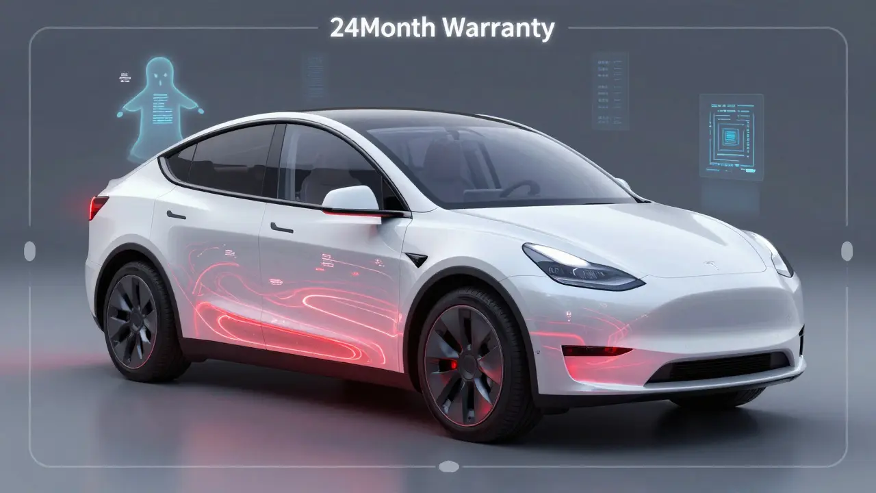 Umělecká reprezentace skrytých vad v Tesla s viditelnými chybami softwaru a chlazení.