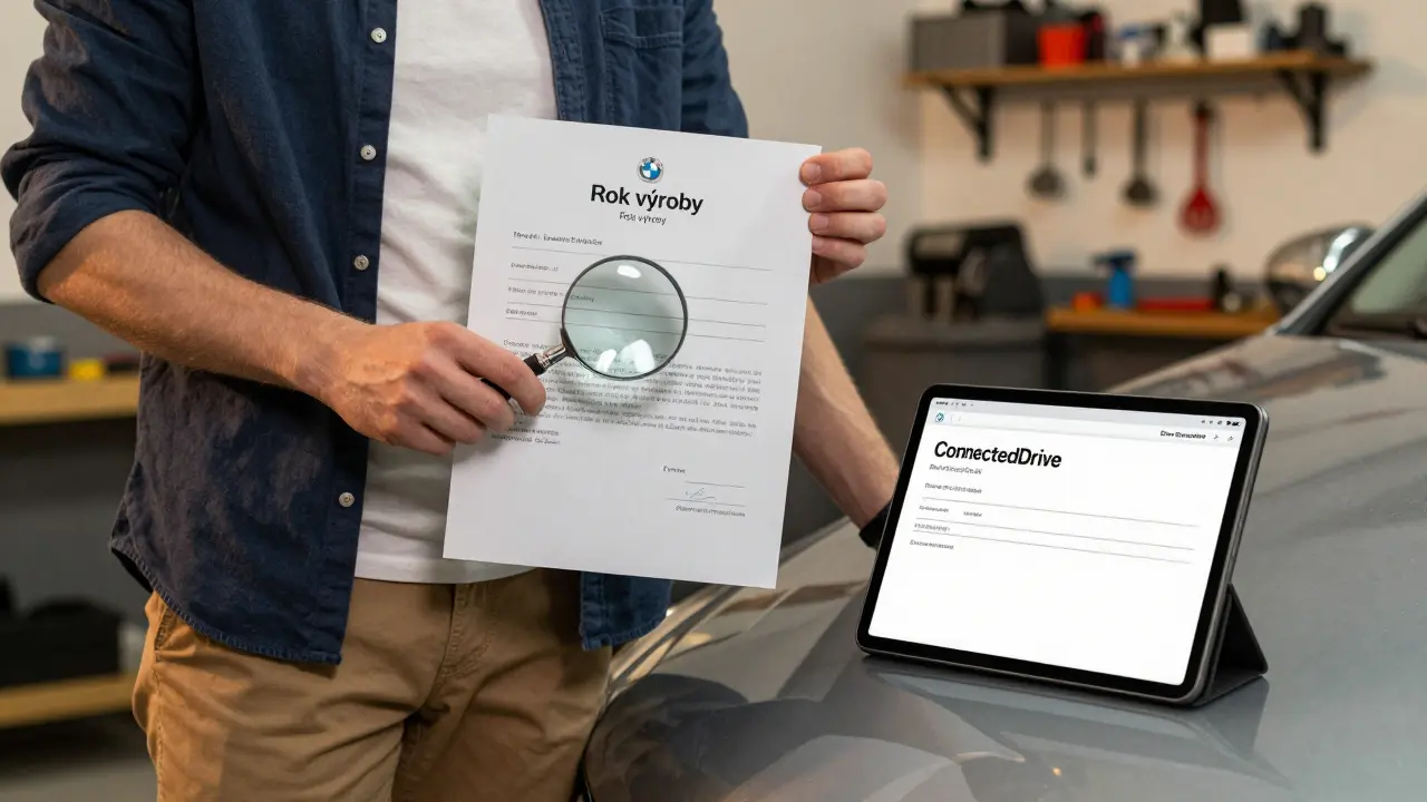 Vlastník BMW prohlíží technický průkaz a tablet s údaji o roce výroby auta