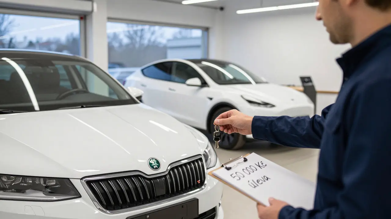 Zákazník předává staré Škoda Octavia prodejci Tesly, zatímco technik kontroluje auto, za nimi je připravovaná Tesla Model Y.