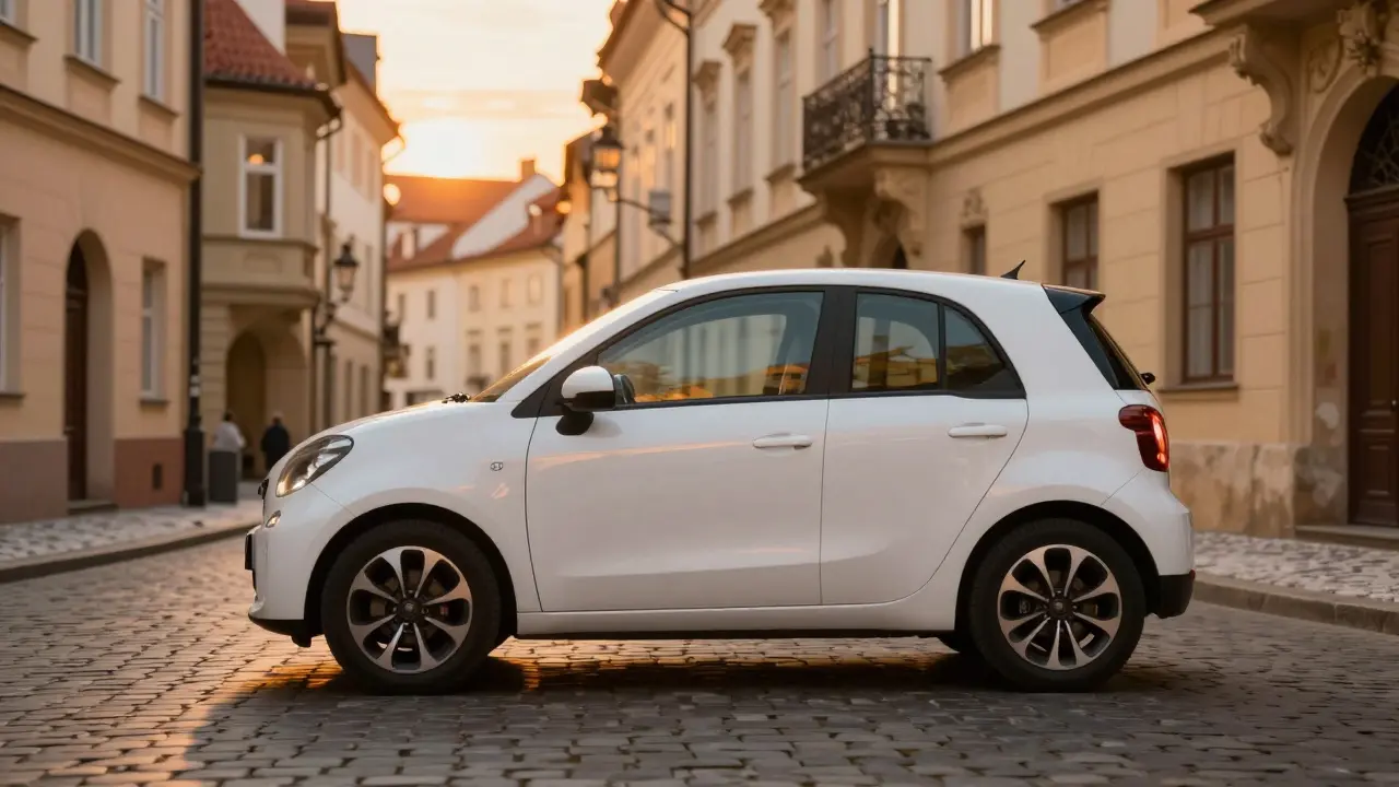 Bílé městské auto jedoucí úzkou pražskou ulicí za západu slunce.