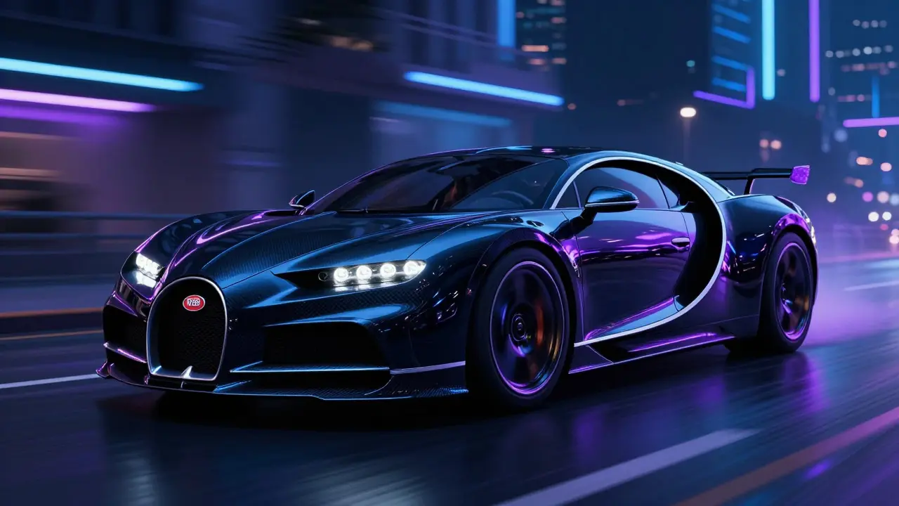 Černý hypercar Bugatti La Voiture Noire v moderním městském prostředí s neonovými odlesky.