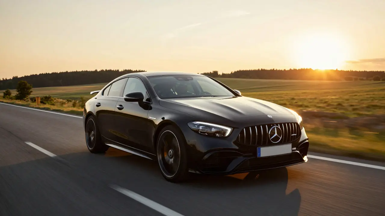 Černý Mercedes-AMG jedoucí rychlostí po dálnici během letového západu slunce.