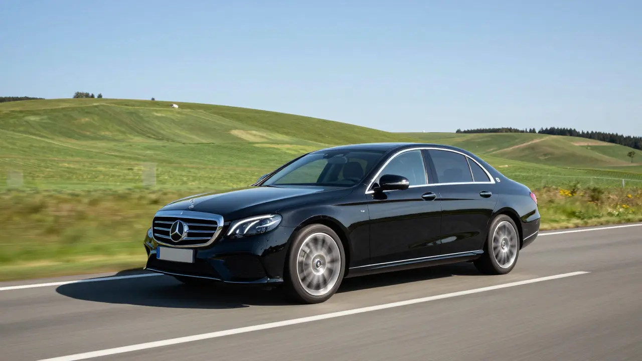 Černý Mercedes-Benz jedoucí po dálnici krajinou za účelem regenerace DPF filtru.