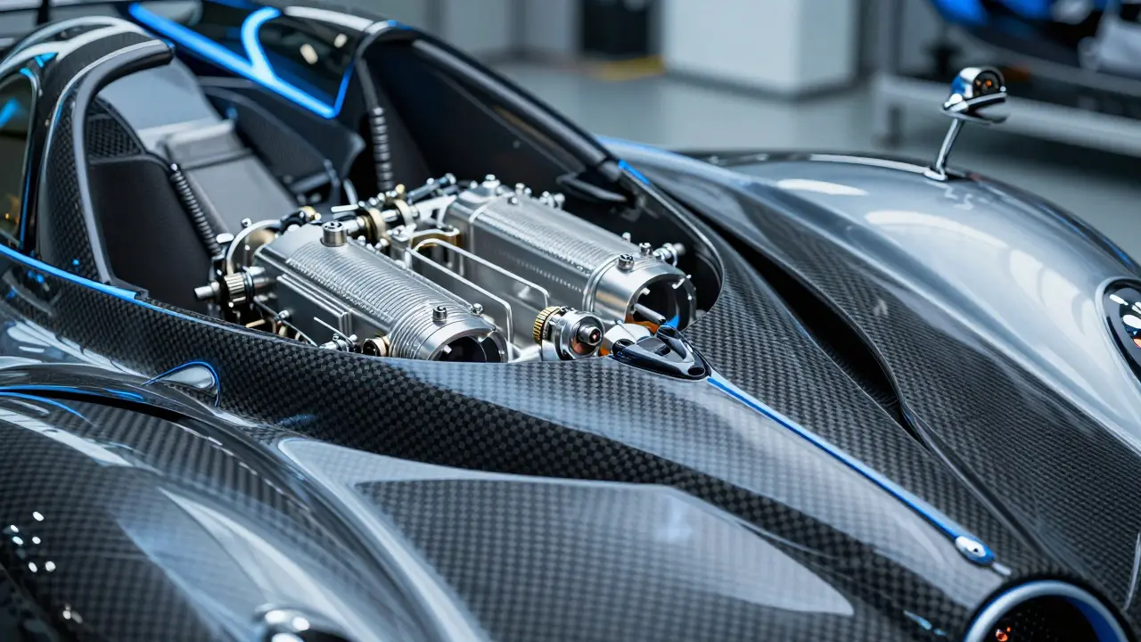 Detail karbonových a titanových prvků moderního hypercaru s futuristickým osvětlením.