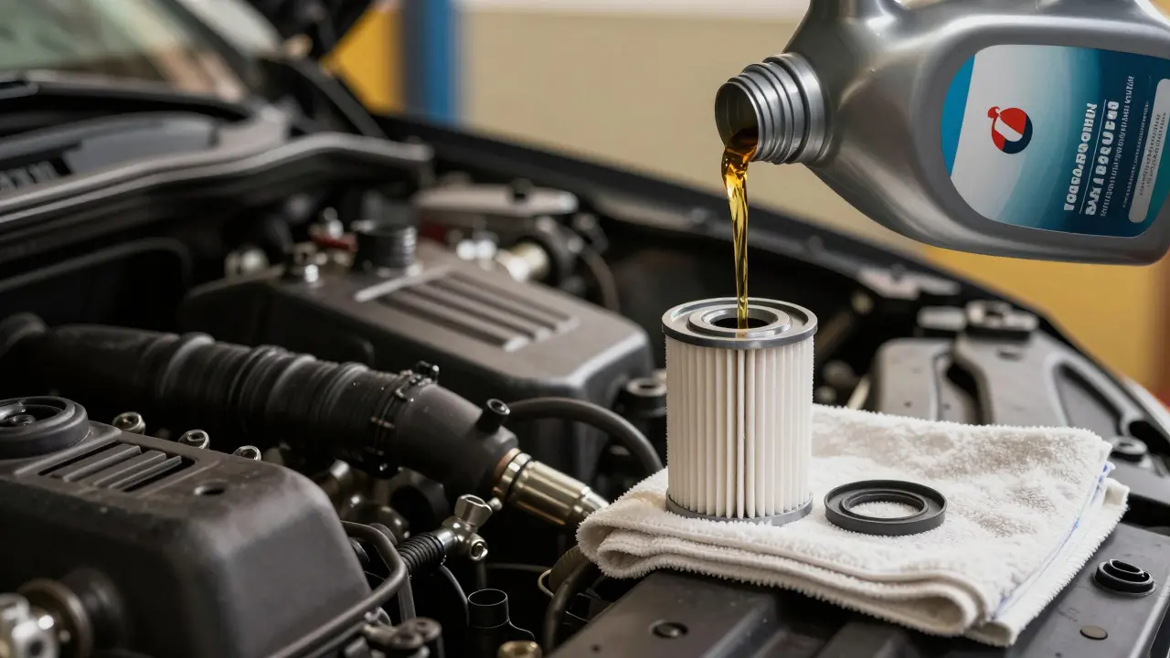 Detail nalévání syntetického oleje do motoru s novým olejovým filtrem.