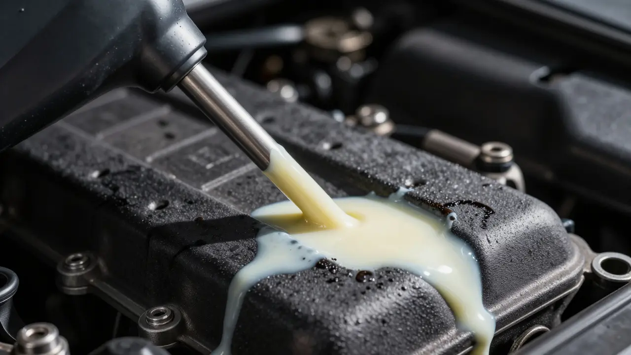 Detail olejové měrky s bílou emulzí a usazeninami v motoru auta.