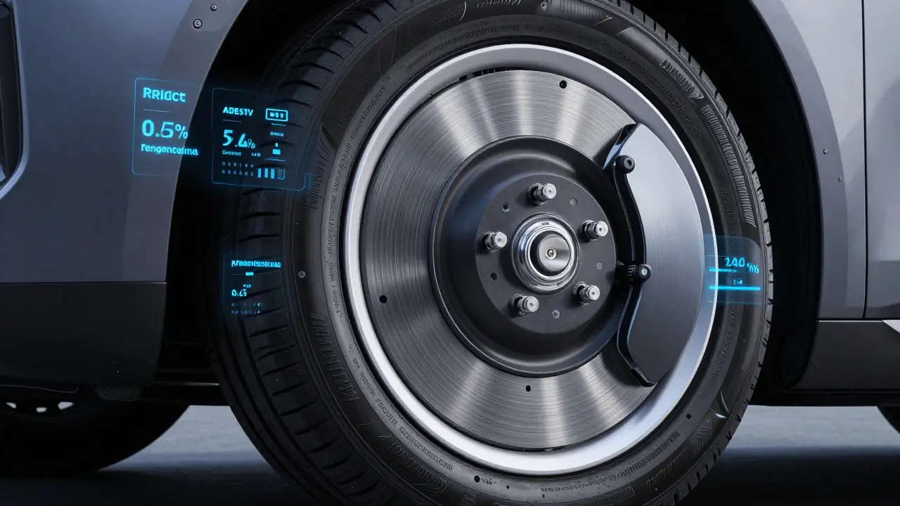 Detail pneumatiky a brzd Tesly s digitálním zobrazením stavu opotřebení.
