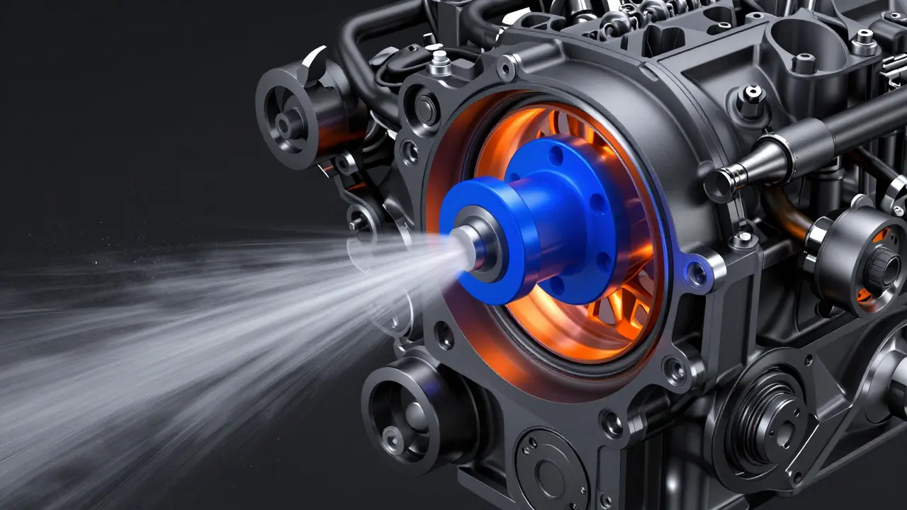 Detailní 3D render vstřikovače dieselového motoru Mercedes-Benz rozprašujícího palivo.