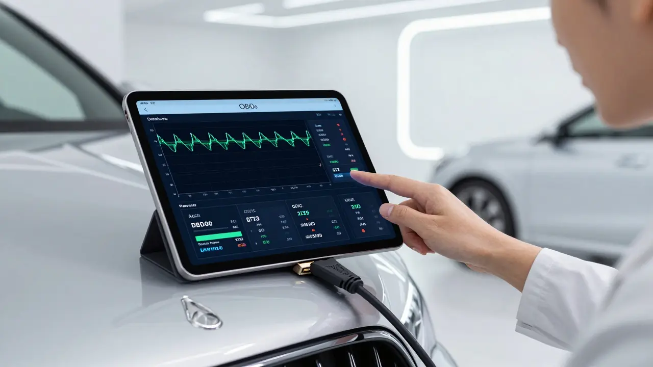 Diagnostický tablet připojený k vozu Mercedes-Benz zobrazující grafy a chybové kódy.