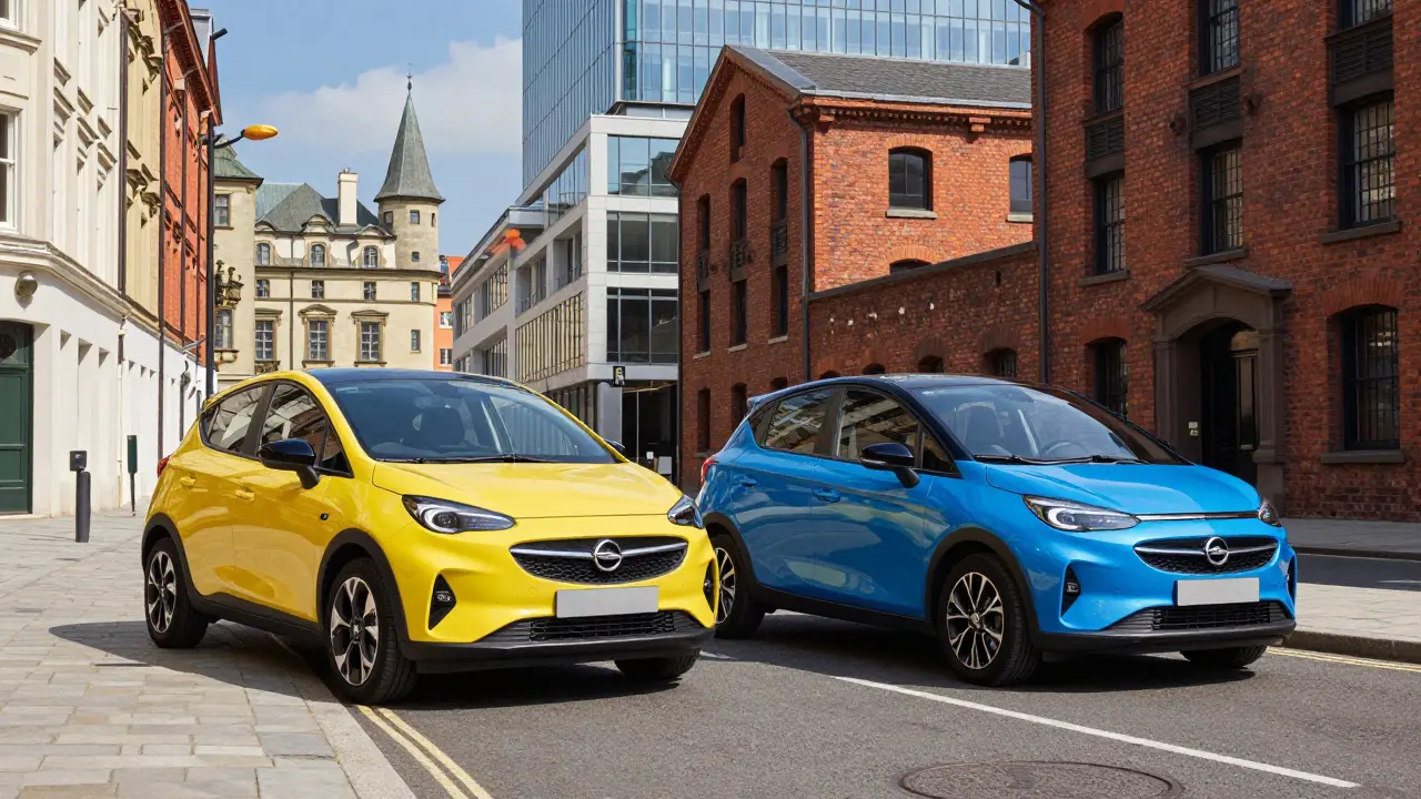 Dvě identické elektrické Mokka v Praze a Manchesteru.