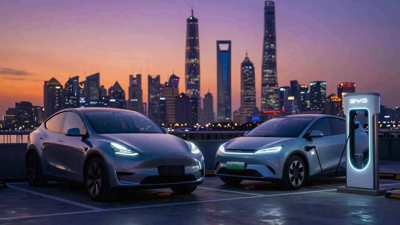 Elektromobily Tesla a BYD u moderní nabíjecí stanice v futuristickém městě.