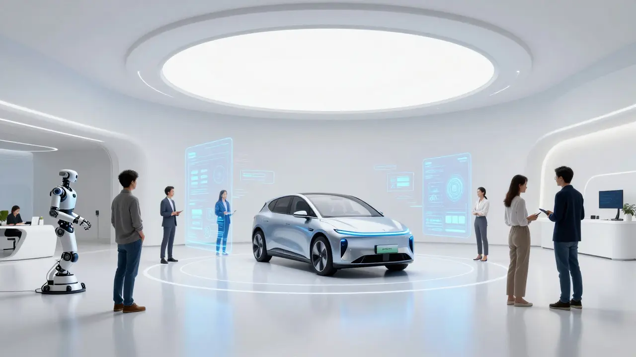 Futuristické centrum mobility s prototypem elektromobilu a digitálními daty.