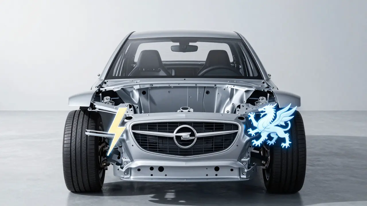 Koncept s logy Opel a Vauxhall u moderního automobilového podvozku.