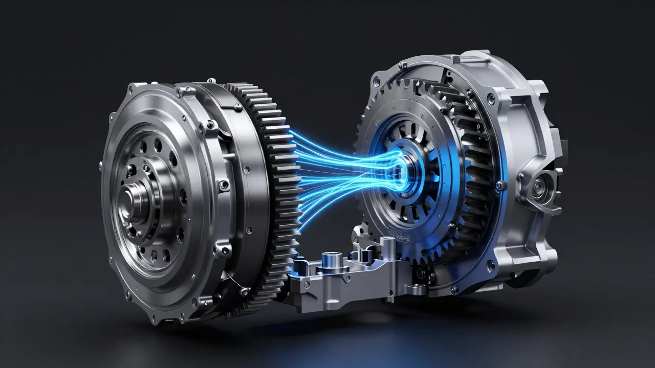 Konceptuální 3D schéma vnitřní konstrukce dvouspojkové převodovky DCT.