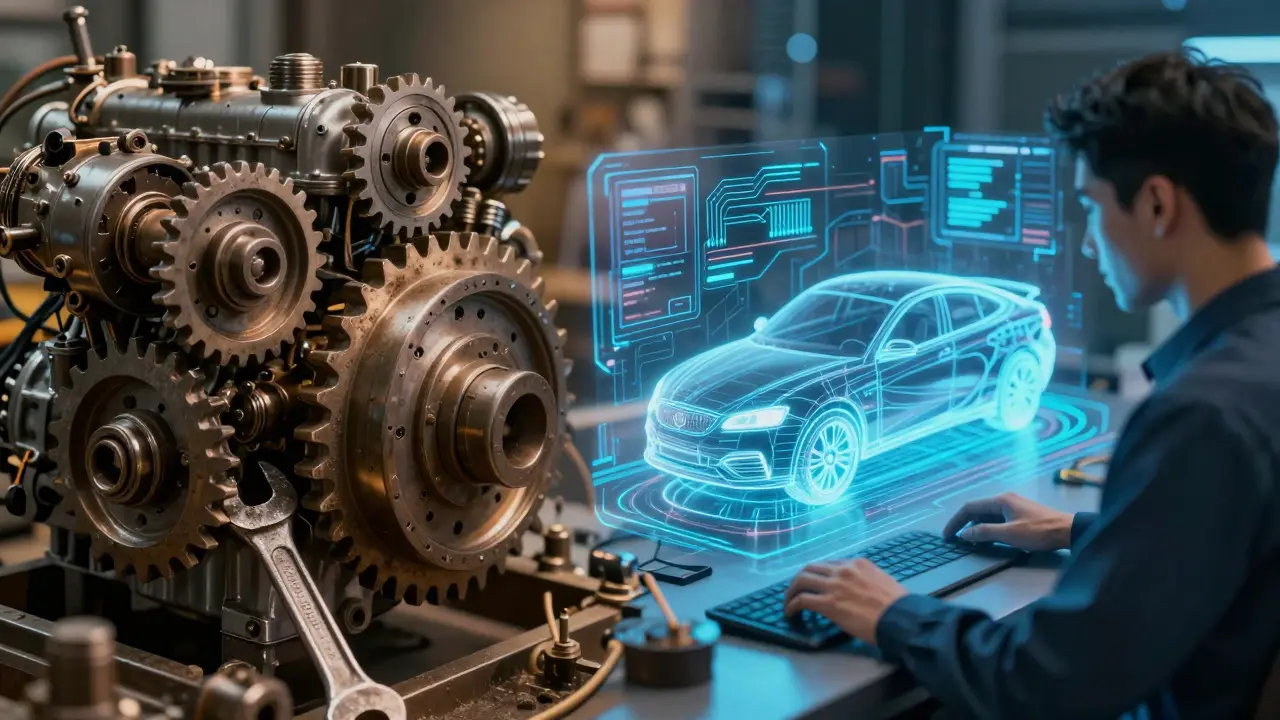 Konceptuální obraz přechodu od mechanické výroby k softwarovému vývoji EV.