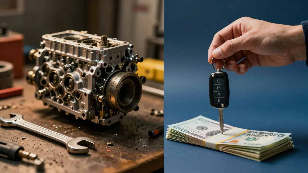 Konceptuální obraz znázorňující volbu mezi opravou vozu a jeho prodejem do výkupu.