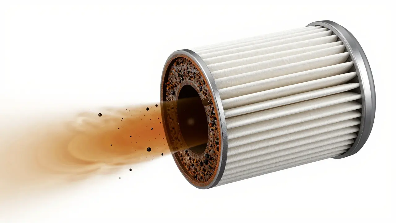 Konceptuální průřez ucpaným palivovým filtrem zachycujícím nečistoty a vodu.