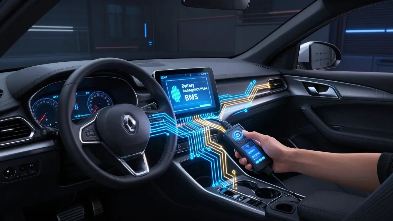 Konceptuální znázornění elektronického systému BMS a registrace baterie u vozu Renault.