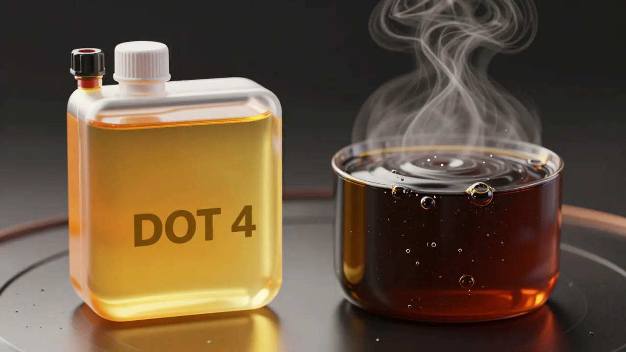 Konceptuální zobrazení čisté a kontaminované brzdové kapaliny s bublinami.