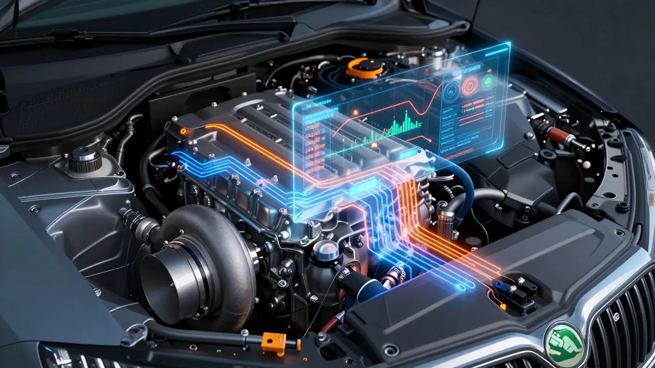 Konceptuální zobrazení datových toků a senzorů v motoru vozu Škoda.