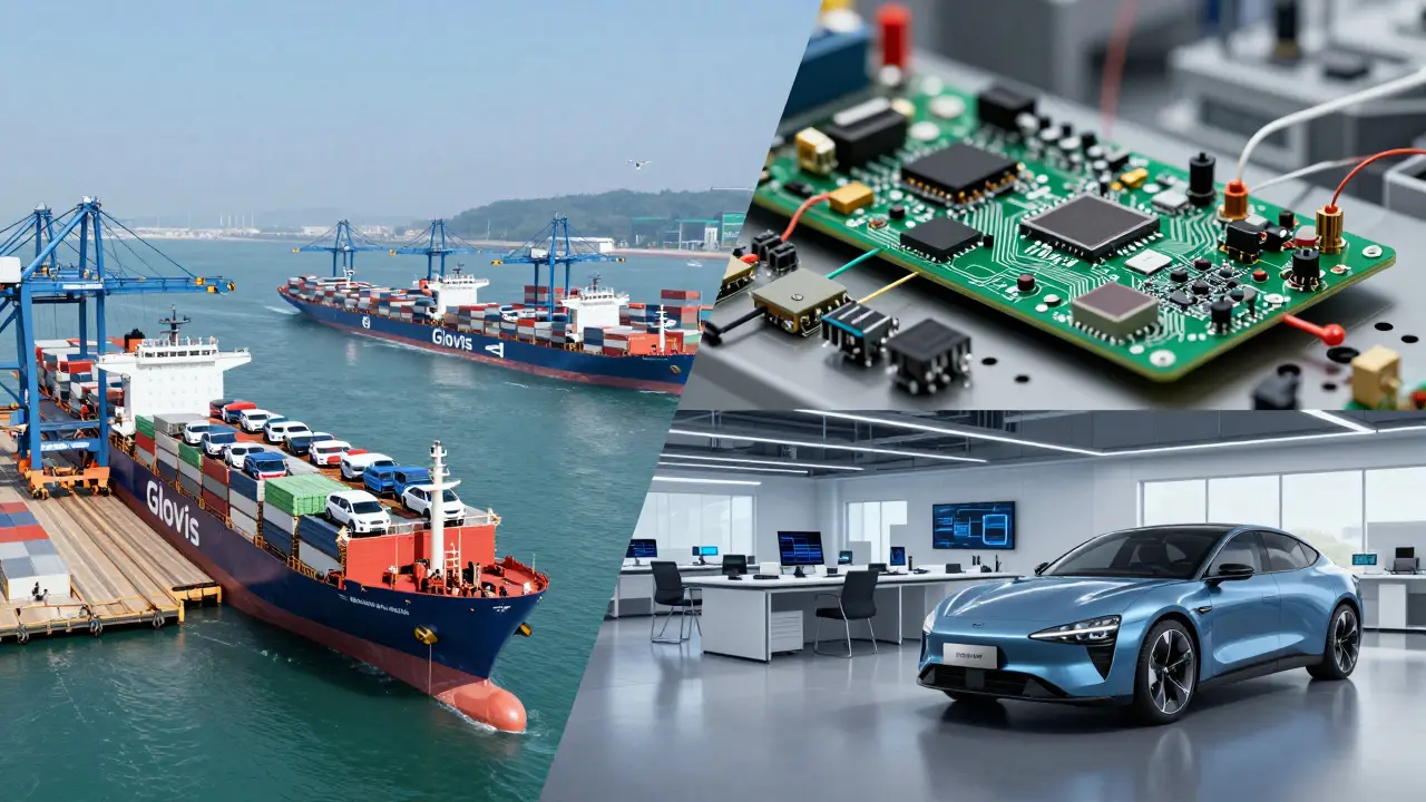 Konceptuální zobrazení logistiky, výroby elektroniky a designu automobilů v rámci skupiny.