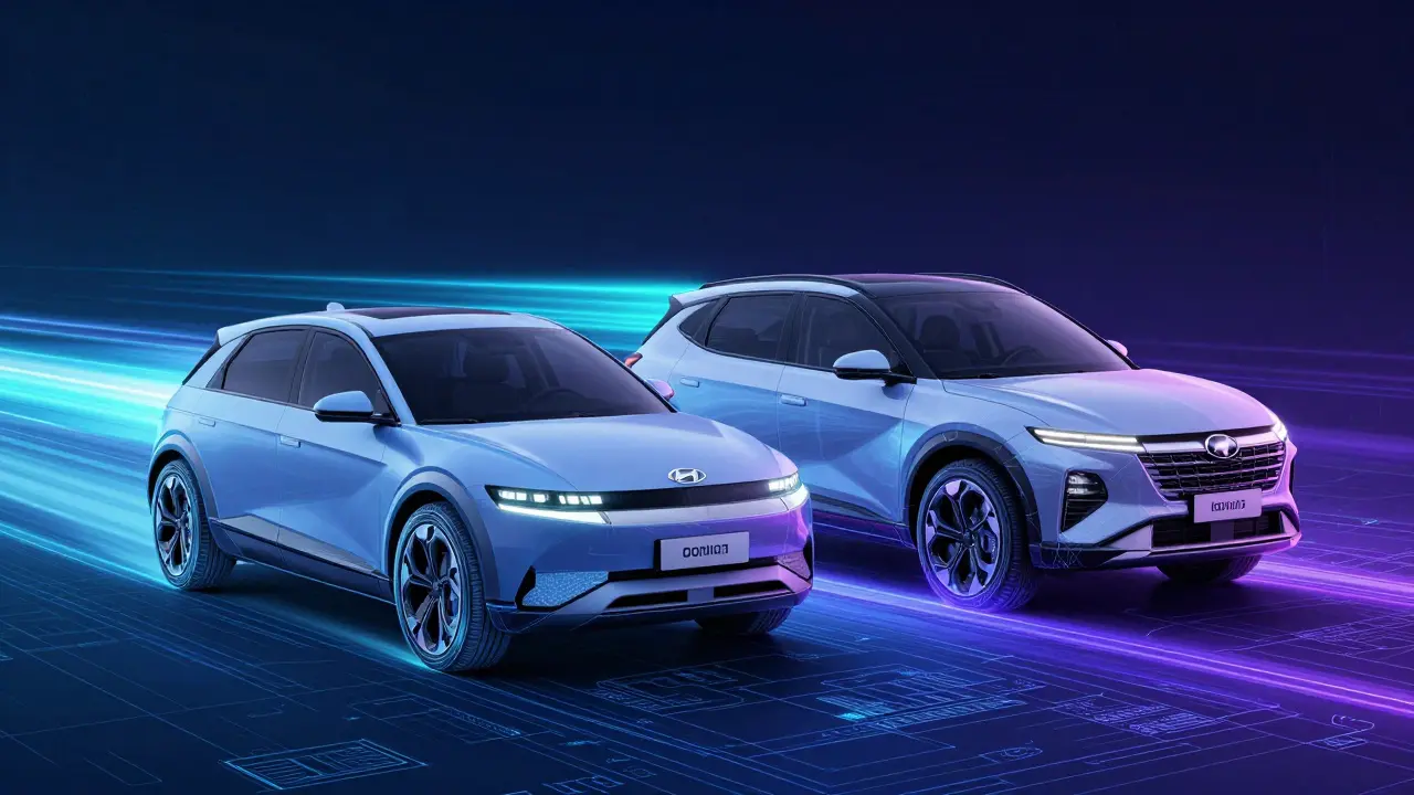 Konceptuální zobrazení moderních vozů Hyundai jako spojení designu a technologie.