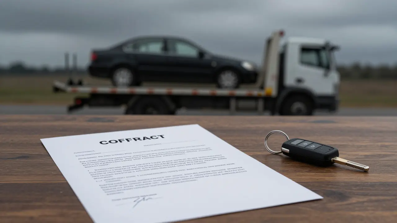 Kupní smlouva a klíče od auta s odtahovkou v pozadí