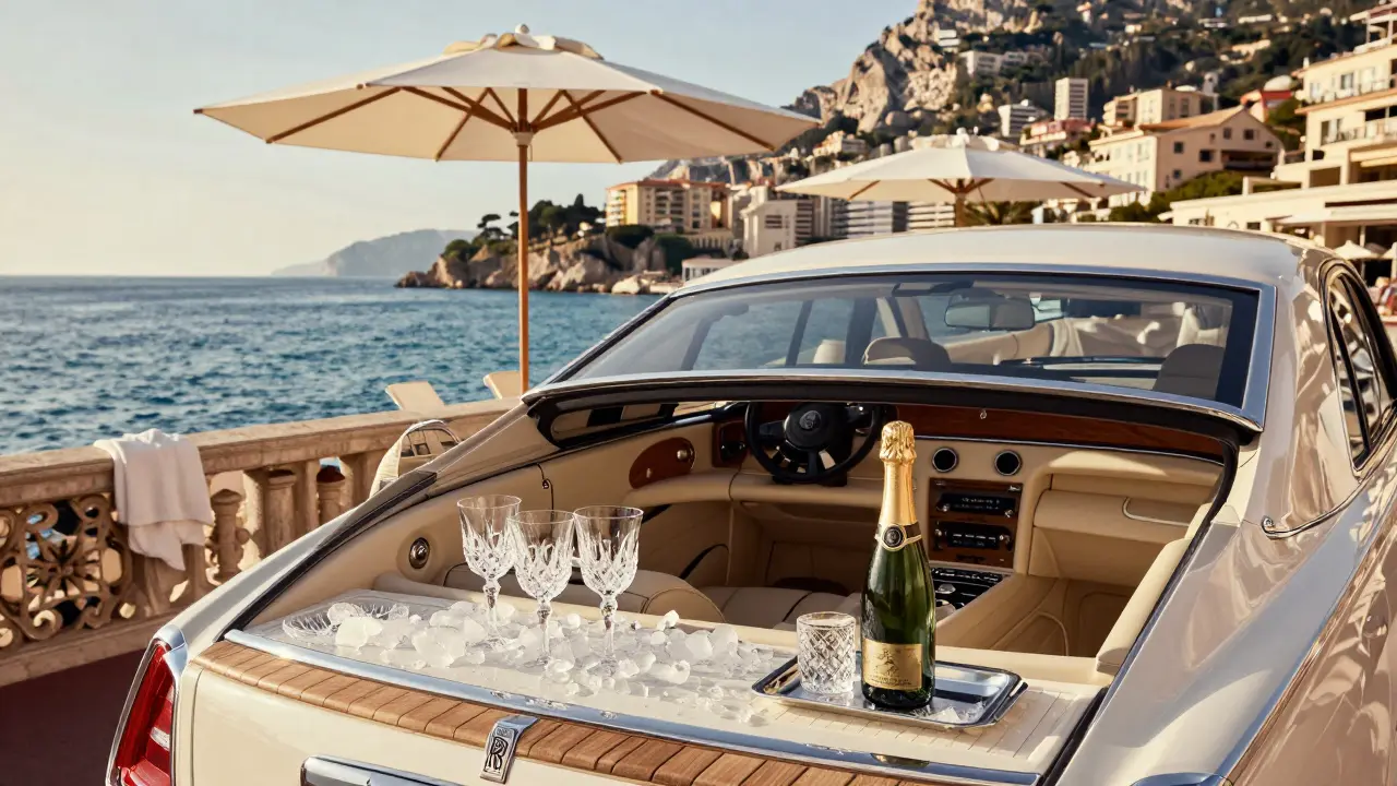 Luxusní Rolls-Royce Boat Tail s otevřeným setem na šampanské na pobřeží Monaka.