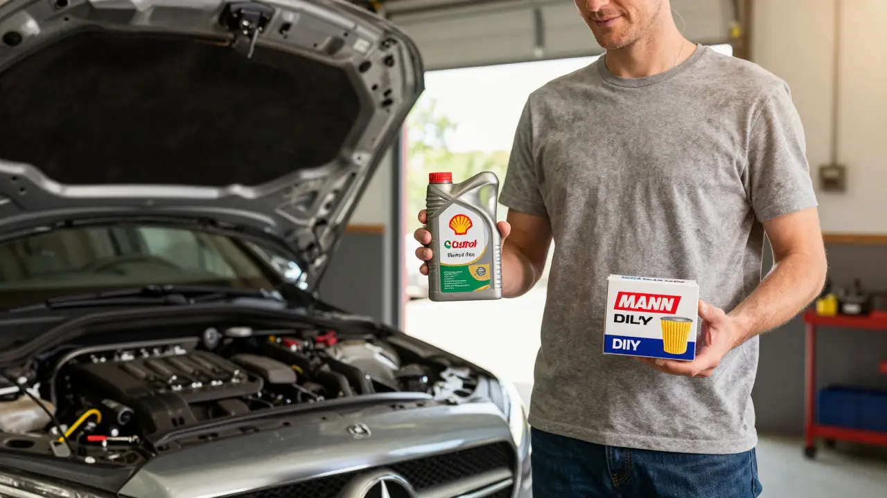 Majitel Mercedesu s vlastními kvalitními oleji a filtry v garáži.