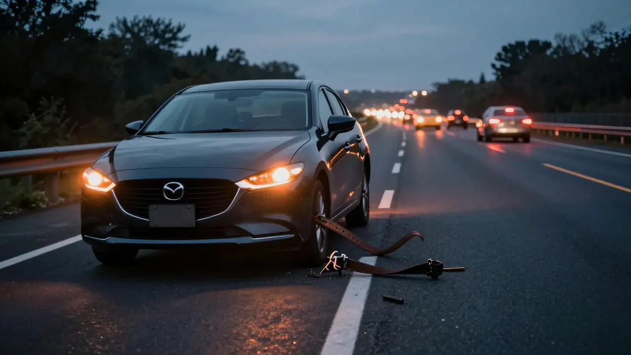 Mazda zastavená na dálnici s rozsvícenými výstražnými světly