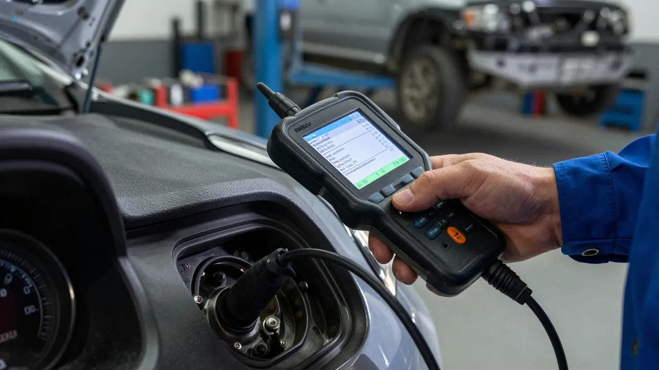 Mechanik používá diagnostický přístroj OBD-II v autě