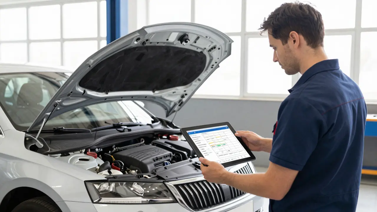 Mechanik v dílně kontrolující diagnostický protokol na tabletu u vozu Škoda.